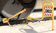 Double Wheel Chock with Flag, Exposed Rail