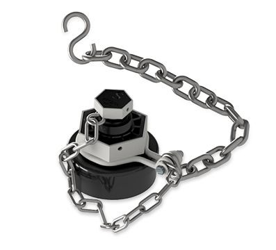 4-Inch Nylon Bottom Outlet Cap with White FDA Nitrile Gasket and Carbon Steel Chain