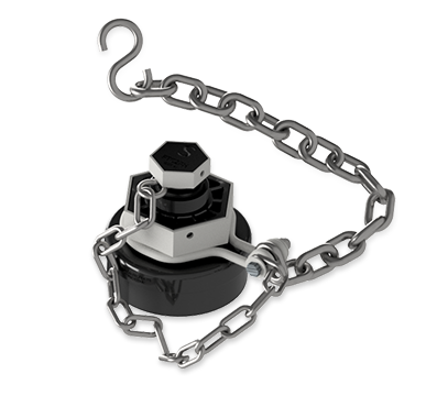 4-Inch Nylon Bottom Outlet Cap with Black Butyl Gasket and Carbon Steel Chain
